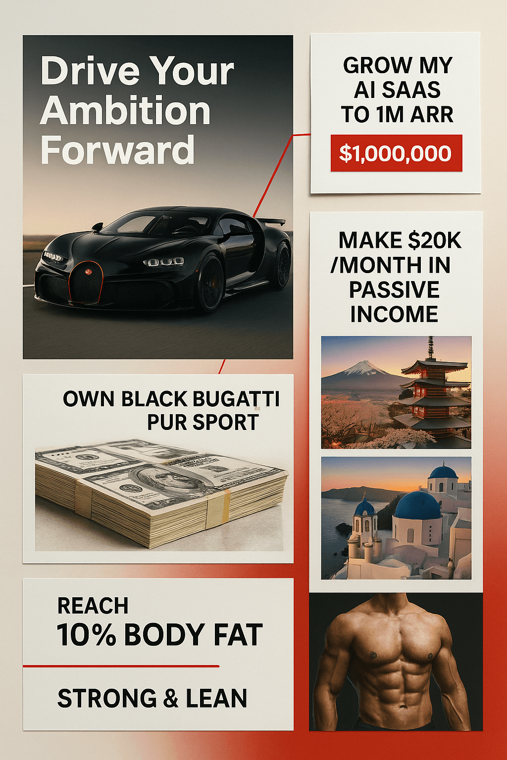 Vision board with Bugatti and wealth goals