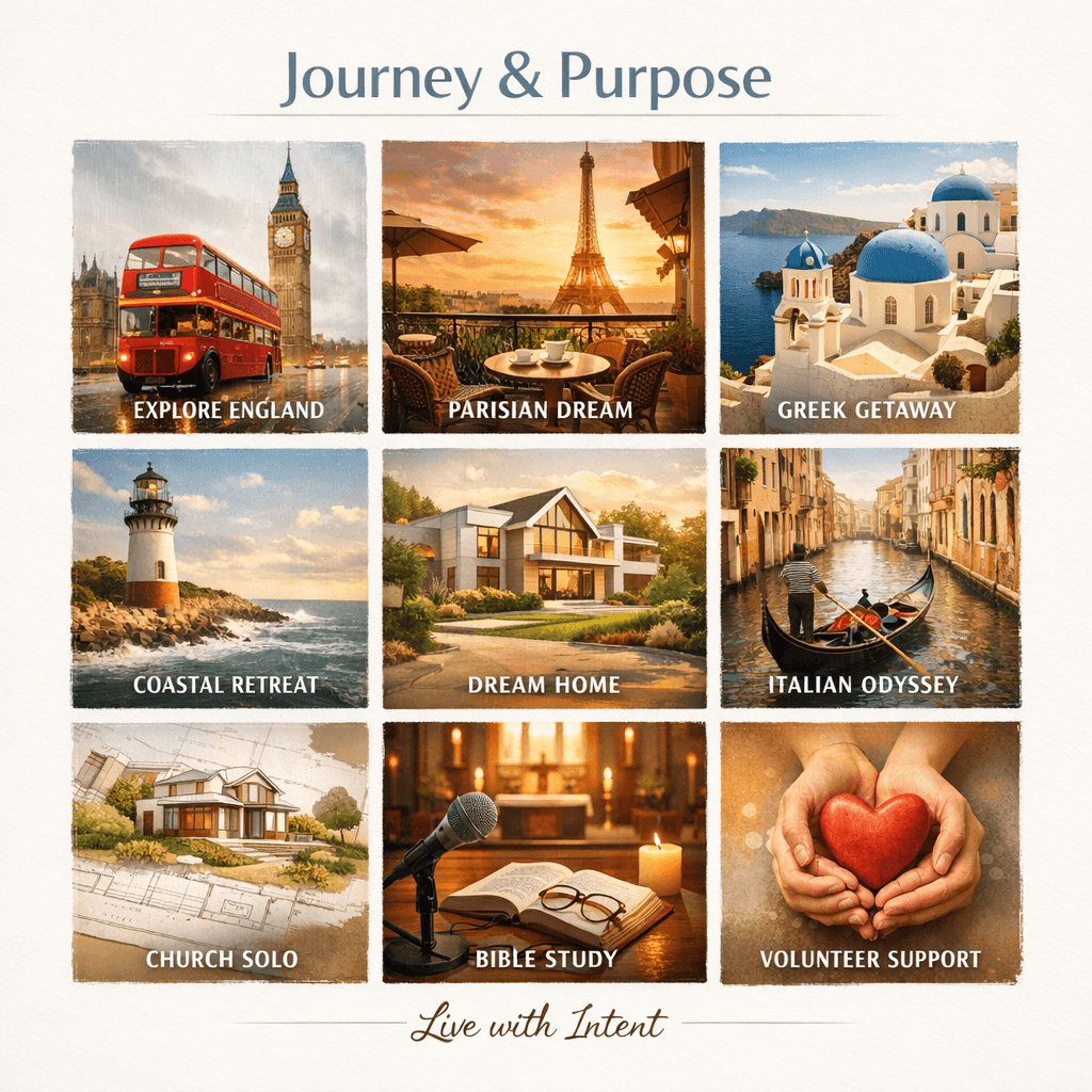 Journey & Purpose vision board with travel, dream home, church, and volunteer goals